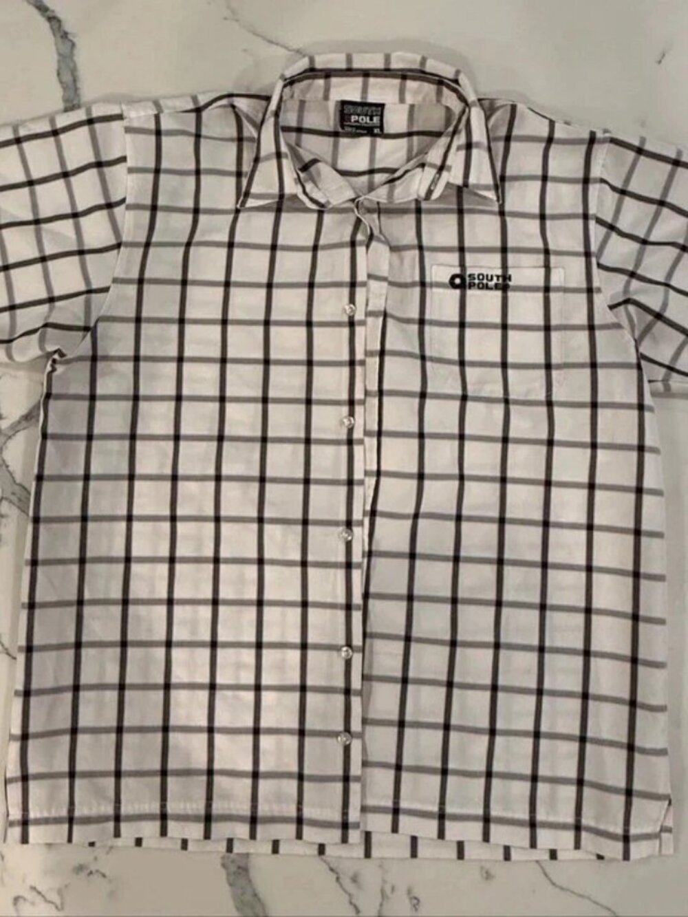 South Pole Mens White Black Check Button Up Shirt XL